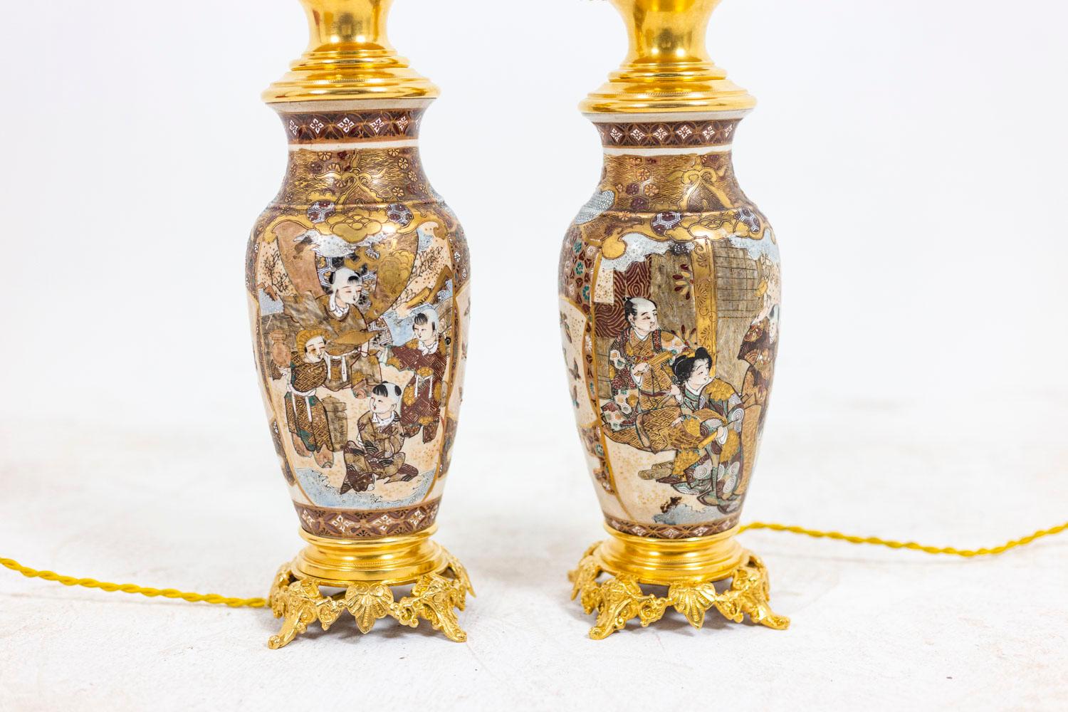 Pair of Lamps in Satsuma Earthenware and Gilt Bronze, circa 1880 For Sale 1