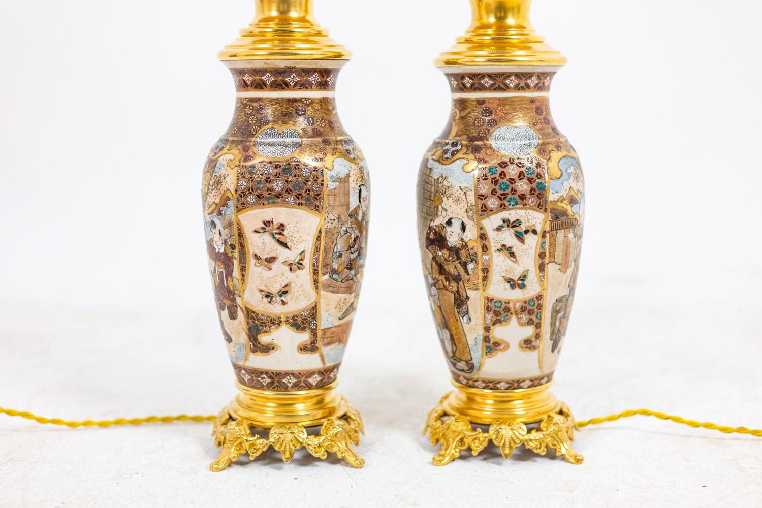Pair of Lamps in Satsuma Earthenware and Gilt Bronze, circa 1880 For Sale 2