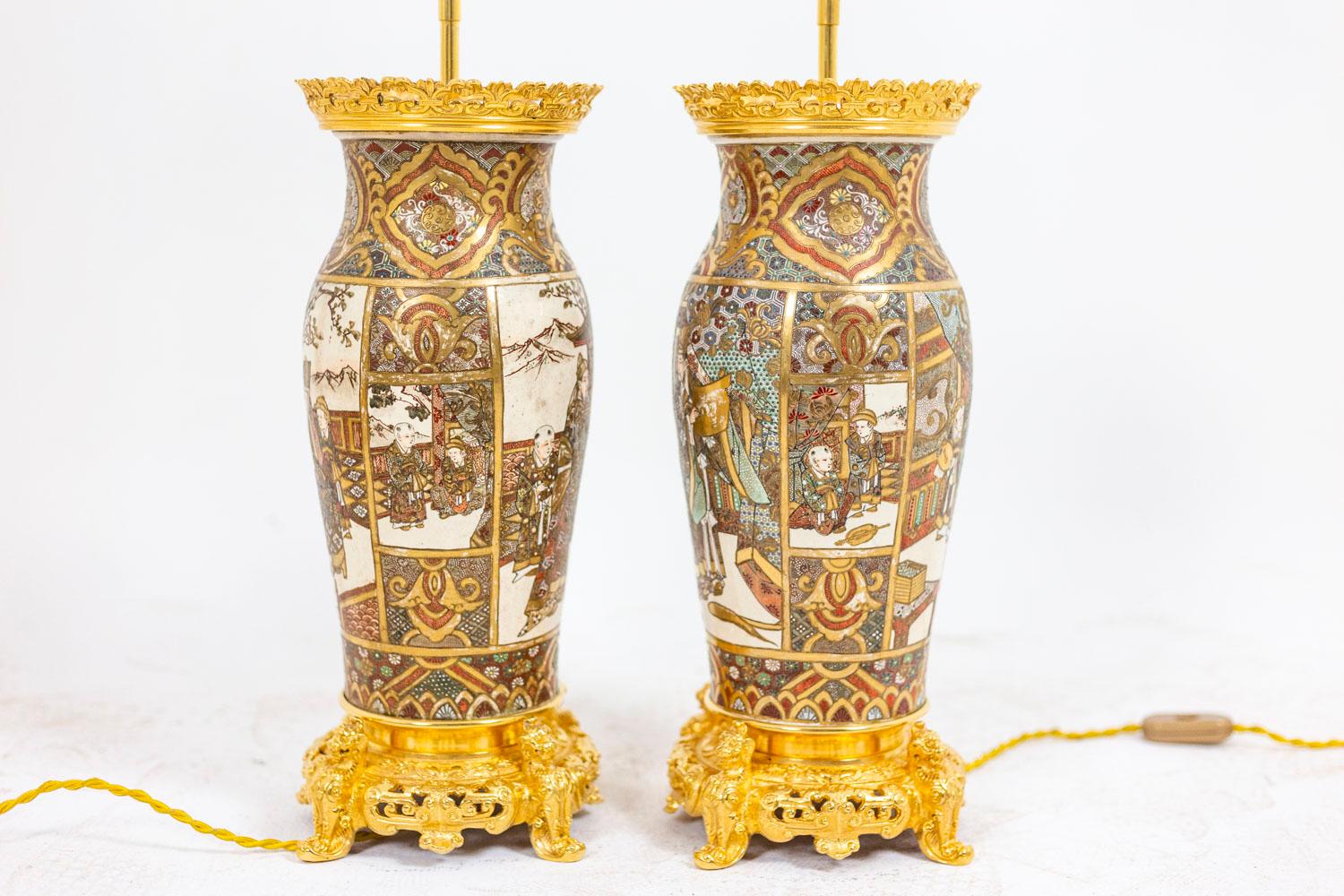 Pair of Lamps in Satsuma Earthenware and Gilt Bronze, circa 1880 For Sale 2