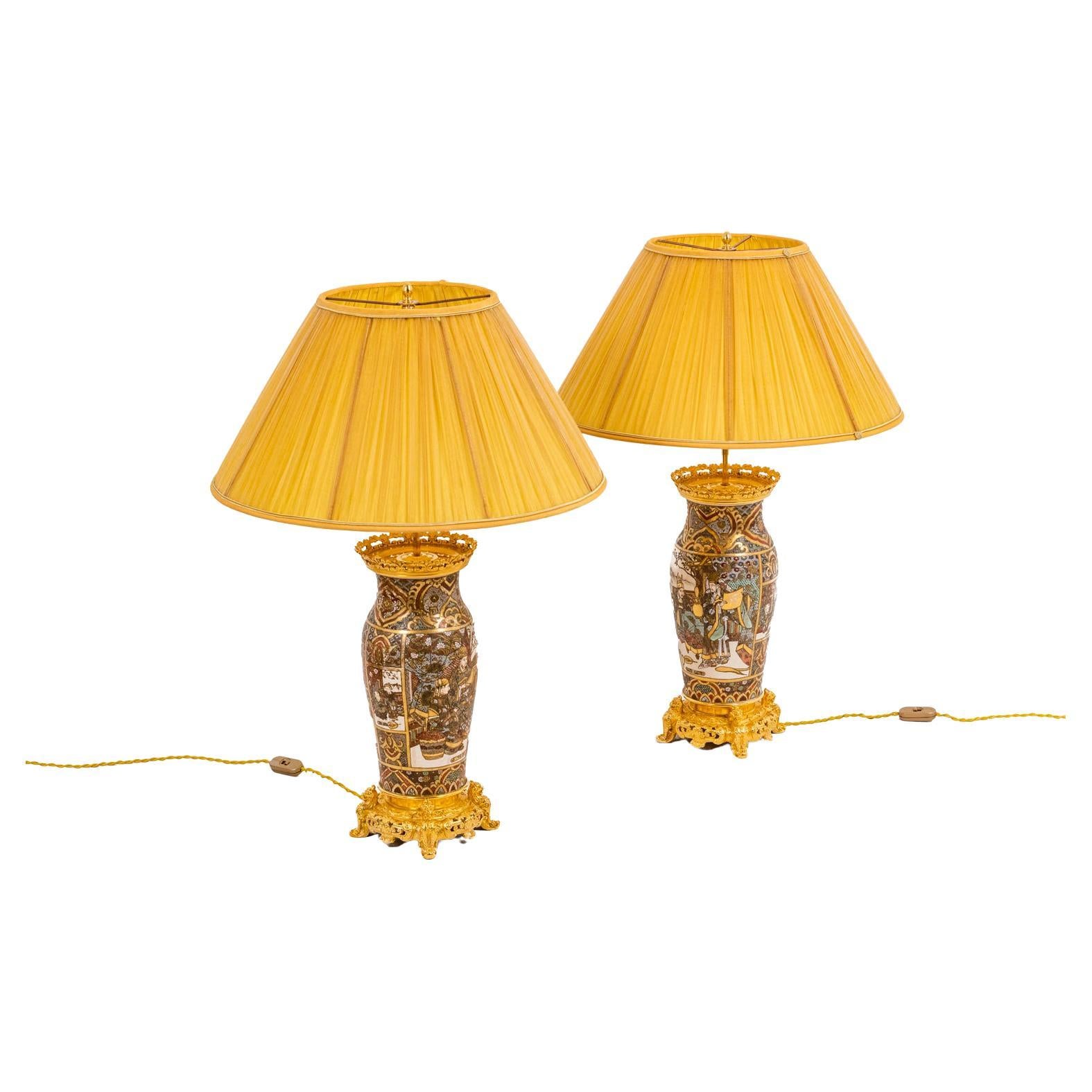 Pair of Lamps in Satsuma Earthenware and Gilt Bronze, circa 1880 For Sale
