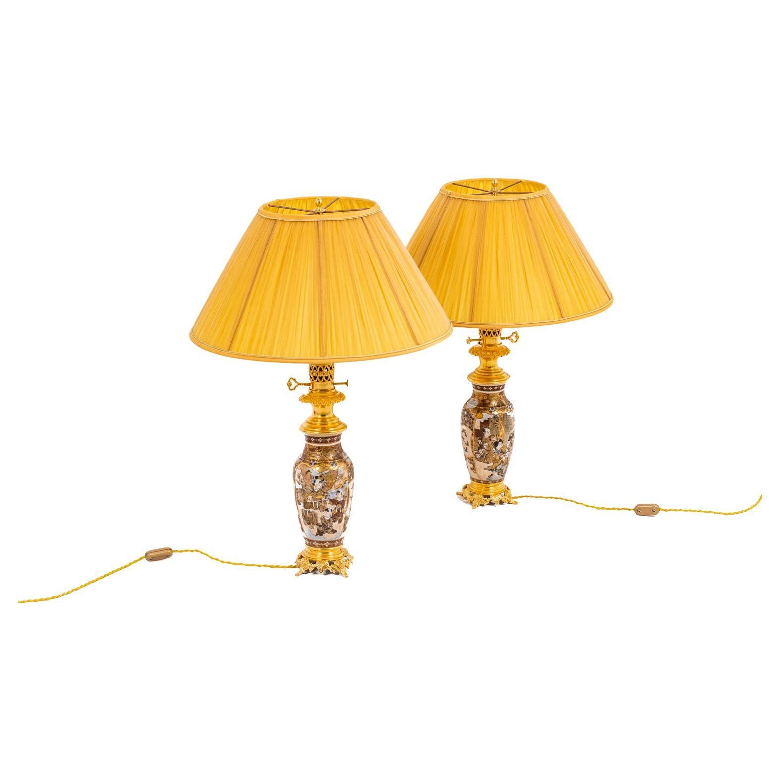 Pair of Lamps in Satsuma Earthenware and Gilt Bronze, circa 1880 For Sale