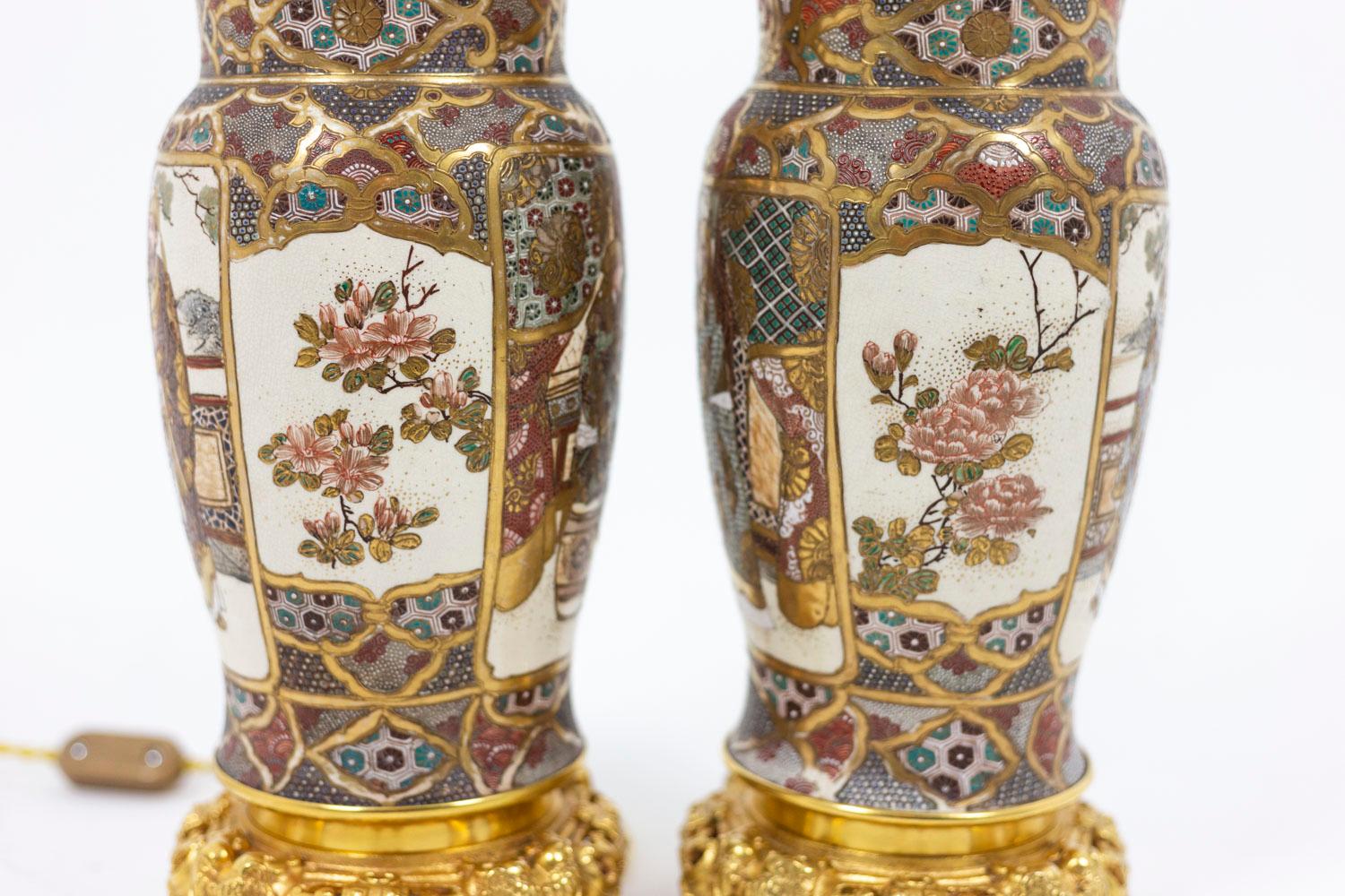 Japonisme Pair of Lamps in Satsuma Earthenware, circa 1880 For Sale