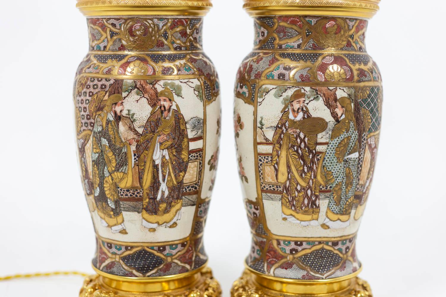 Pair of Lamps in Satsuma Earthenware, circa 1880 In Fair Condition For Sale In Saint-Ouen, FR