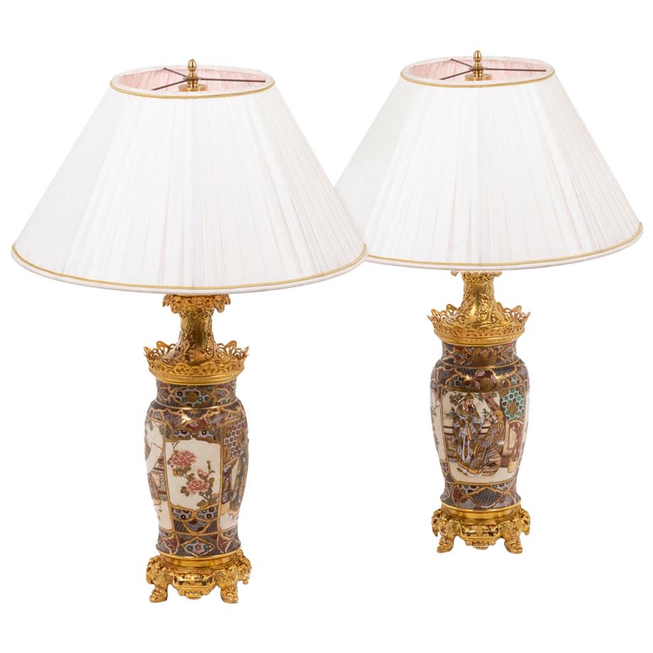 Pair of Lamps in Satsuma Earthenware, circa 1880 For Sale