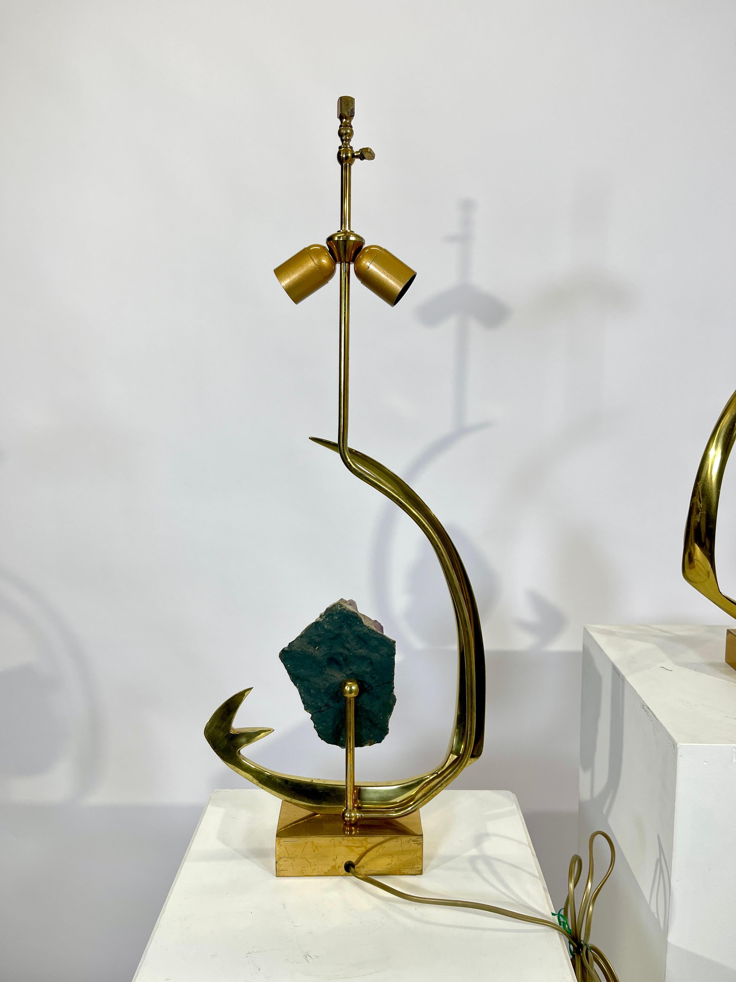 Late 20th Century Pair of Lamps in Sculptural Brass and Amethyst by Willy Daro For Sale