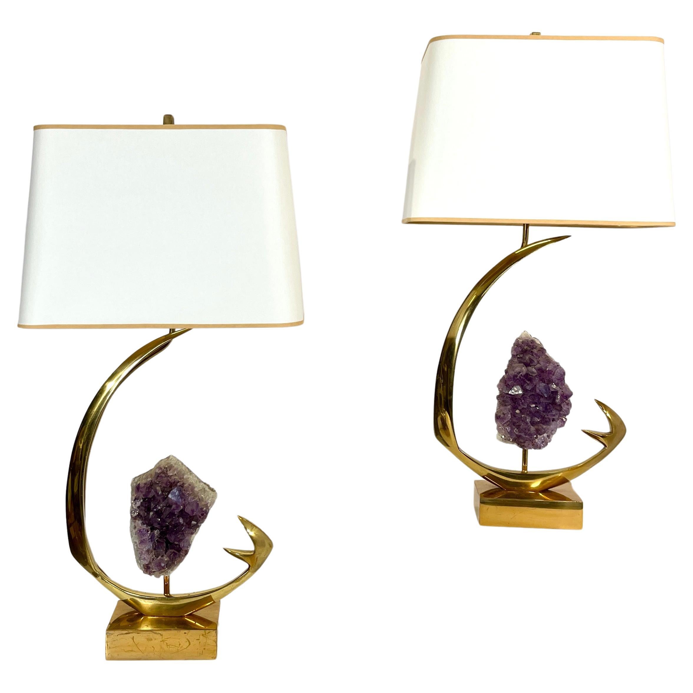 Pair of Lamps in Sculptural Brass and Amethyst by Willy Daro For Sale