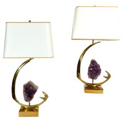 Vintage Pair of Lamps in Sculptural Brass and Amethyst by Willy Daro