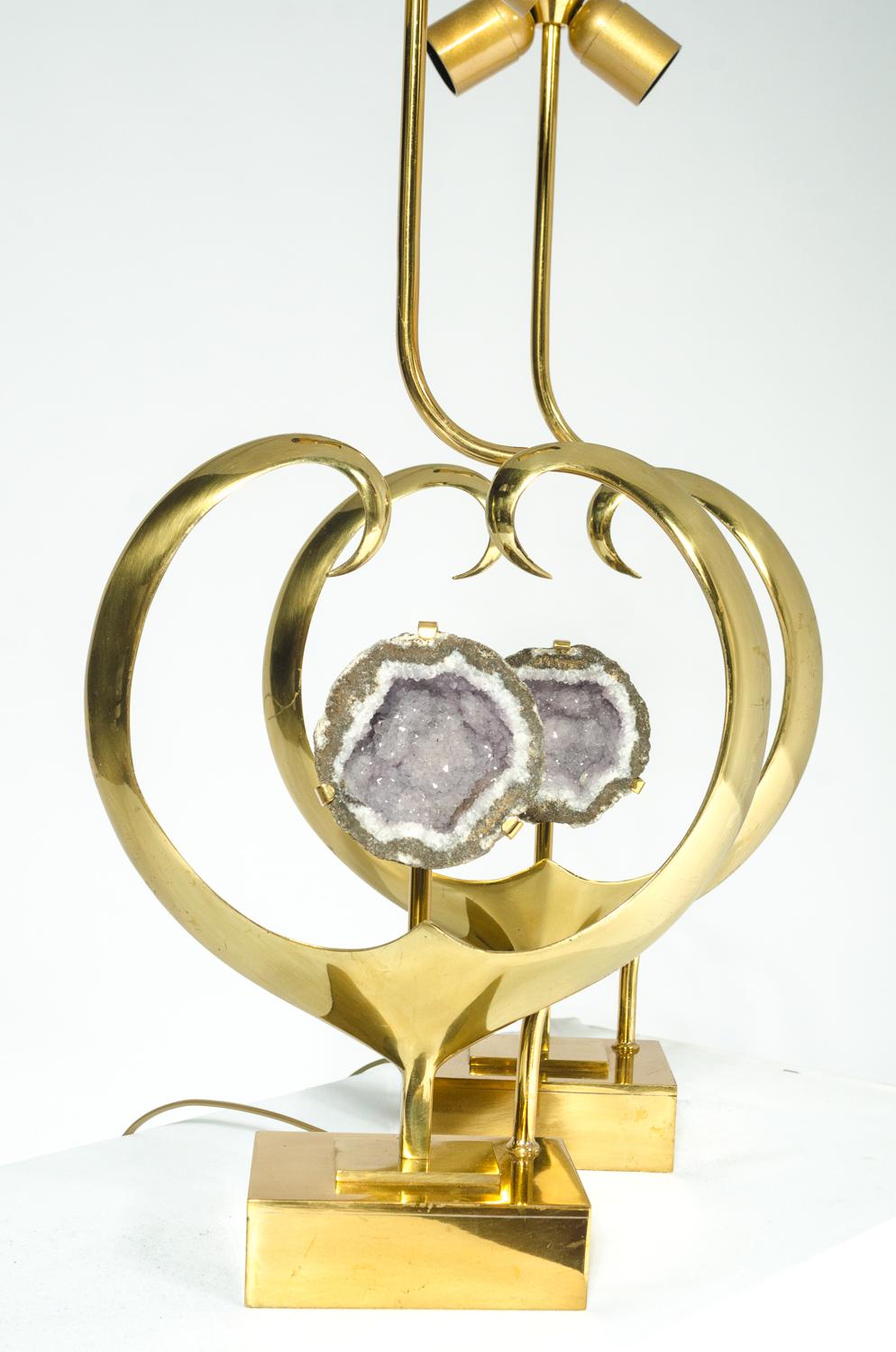 Pair of Lamps in Sculptural Heart Brass and Amethyst by Willy Daro 4