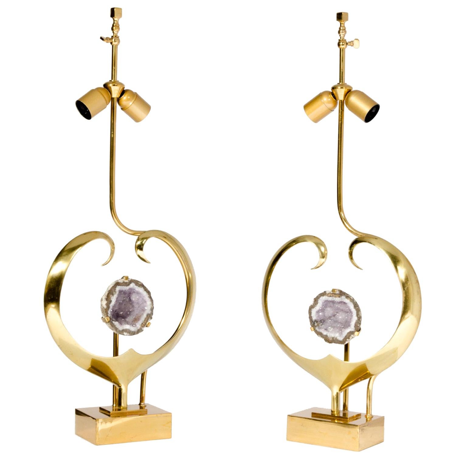 Pair of Lamps in Sculptural Heart Brass and Amethyst by Willy Daro