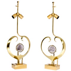 Pair of Lamps in Sculptural Heart Brass and Amethyst by Willy Daro