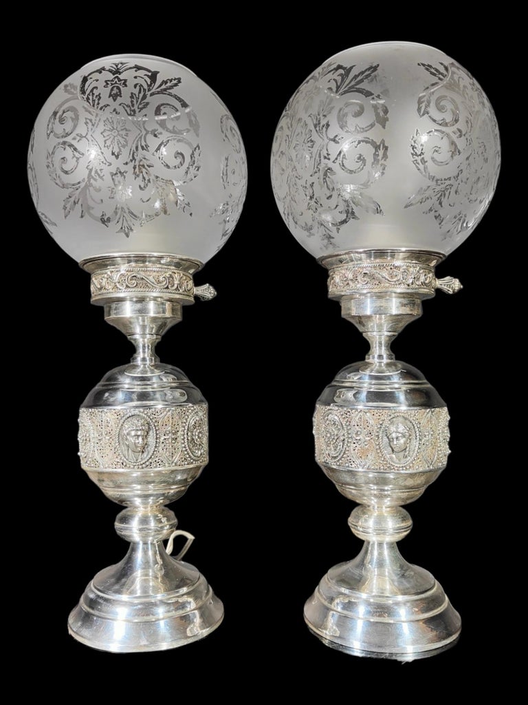 Pair of Lamps in Sterling Silver with Filigree For Sale at 1stDibs