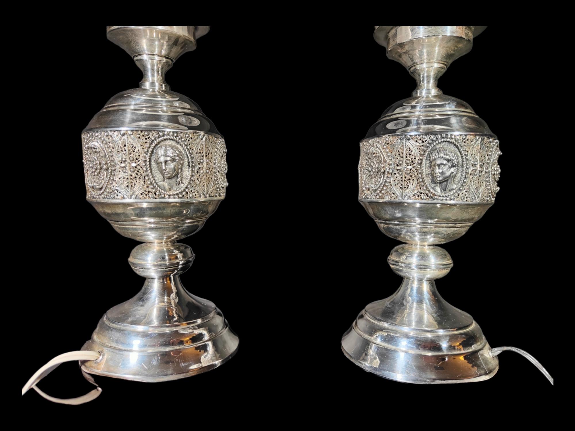 Pair of Lamps in Sterling Silver with Filigree For Sale 1