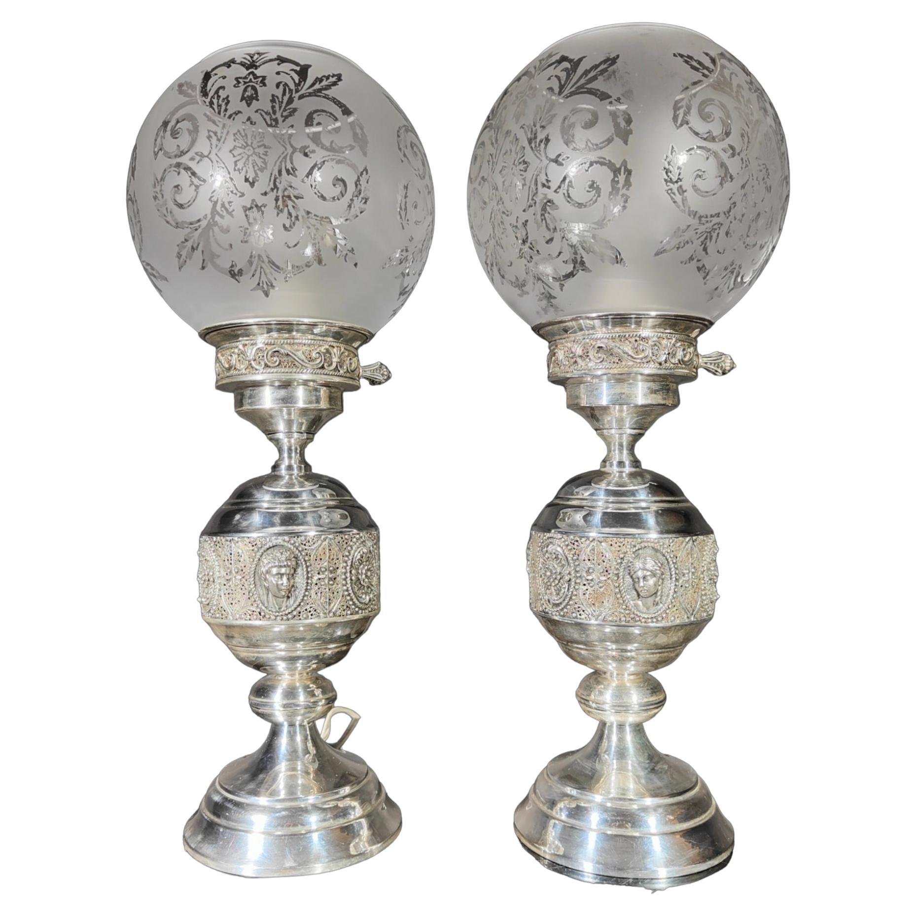 Pair of Lamps in Sterling Silver with Filigree For Sale