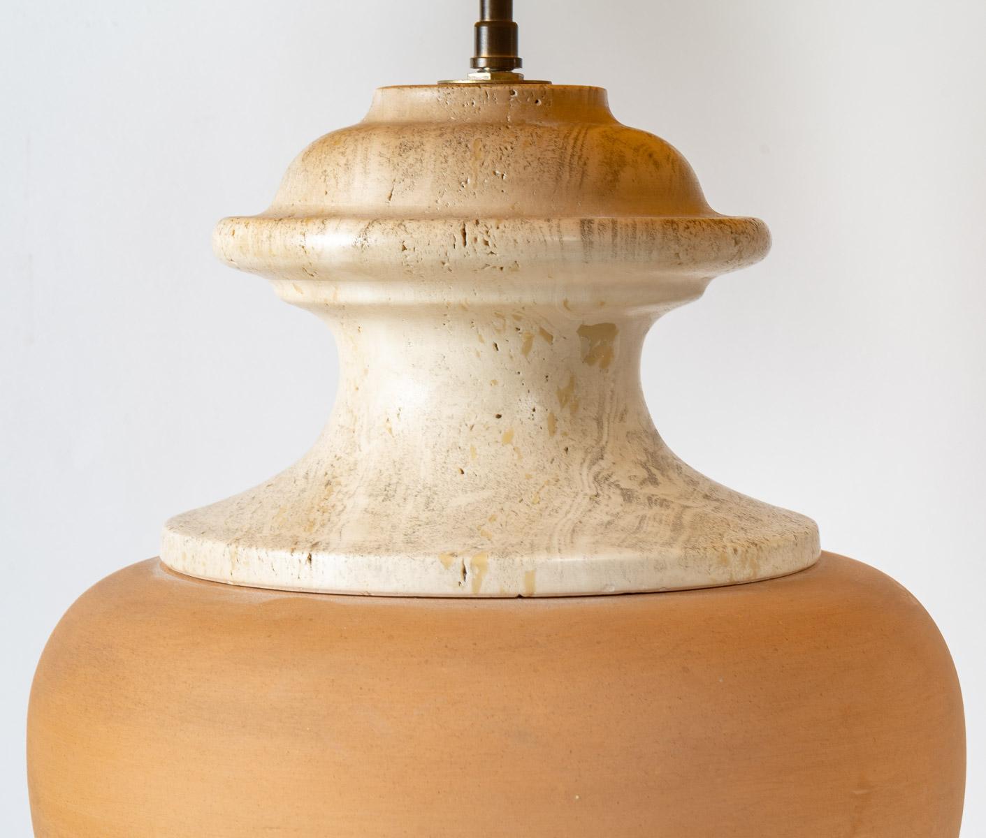 European  Pair of Lamps in Travertine and Ceramic, 20th Century