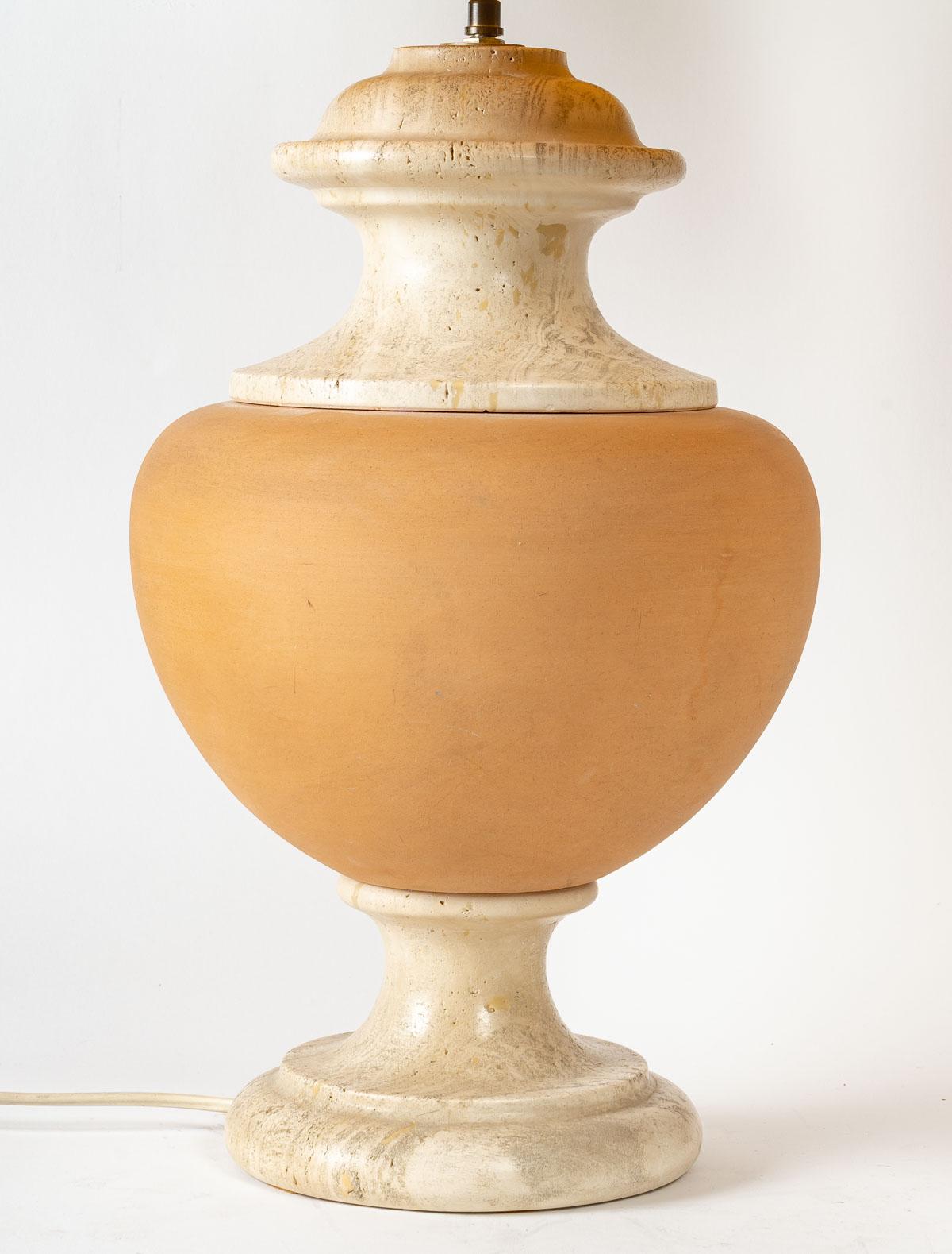  Pair of Lamps in Travertine and Ceramic, 20th Century In Good Condition In Saint-Ouen, FR