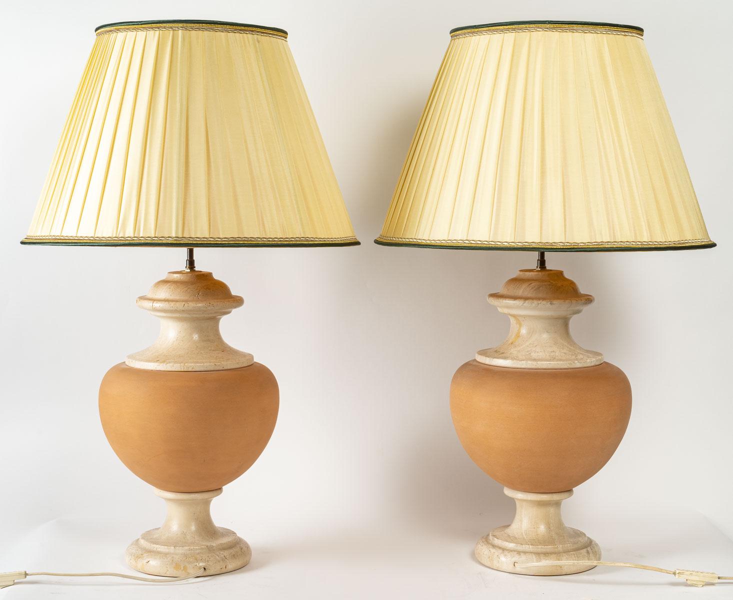  Pair of Lamps in Travertine and Ceramic, 20th Century 1