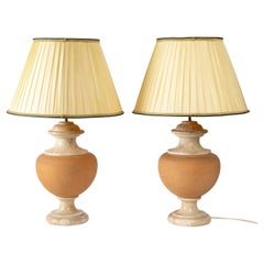  Pair of Lamps in Travertine and Ceramic, 20th Century