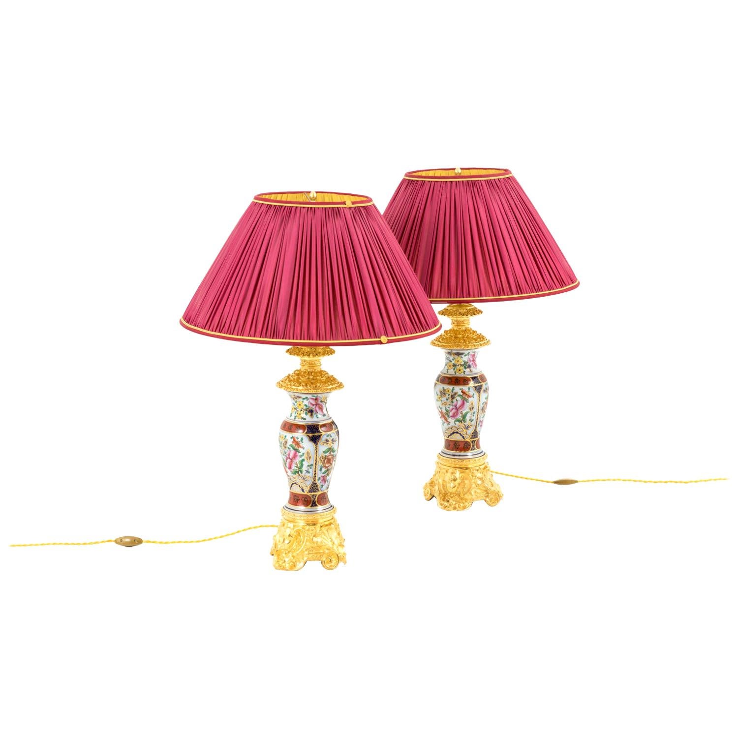 Pair of Lamps in Valentine Porcelain and Gilt Bronze, circa 1880 For Sale