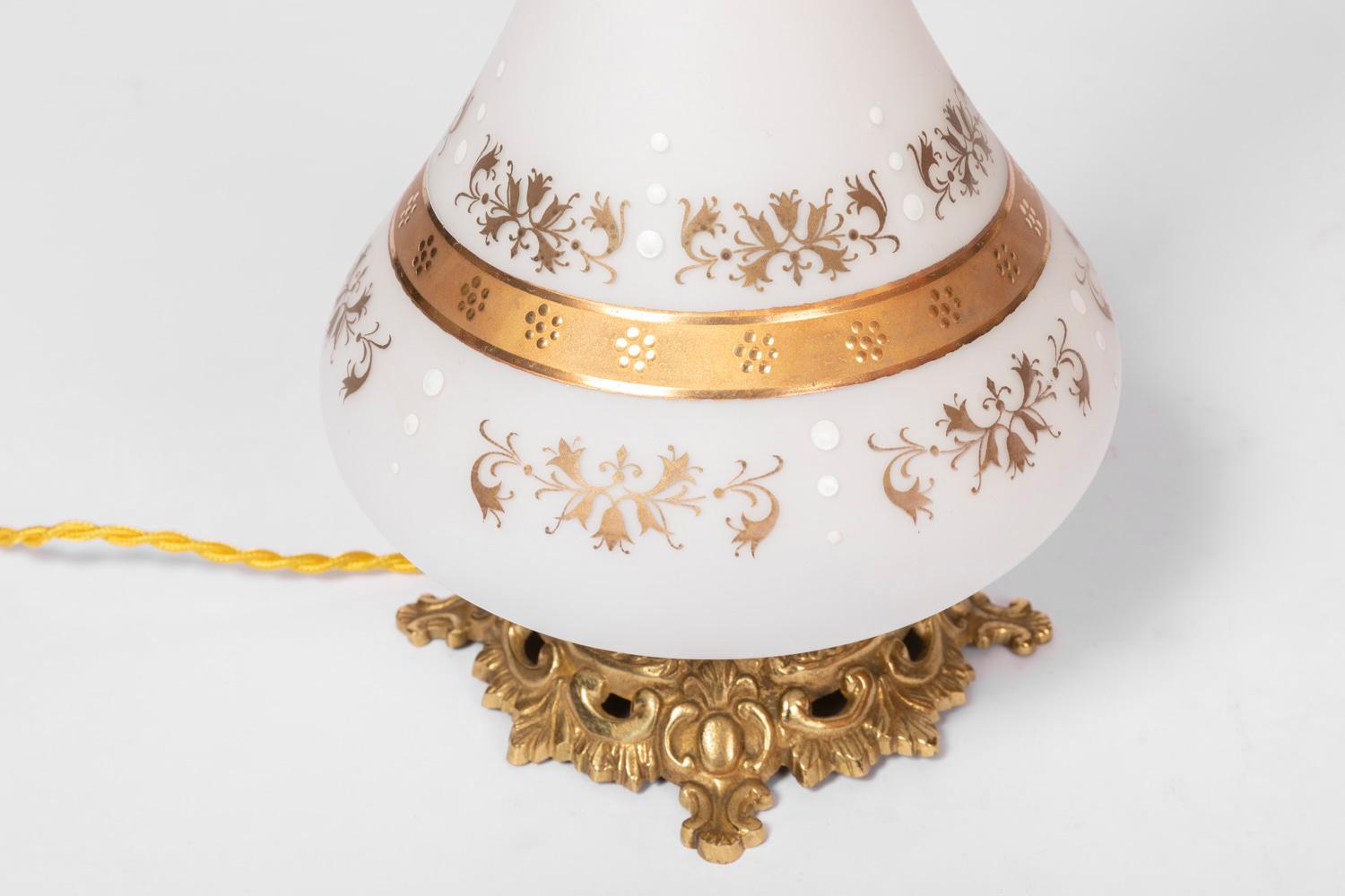 French Pair of Lamps in White Opaline and Gilt Decor, End of the 19th Century