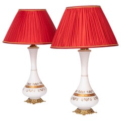 Pair of Lamps in White Opaline and Gilt Decor, End of the 19th Century