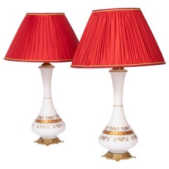 Antique Pair of Lamps in White Opaline and Gilt Decor, End of the 19th Century