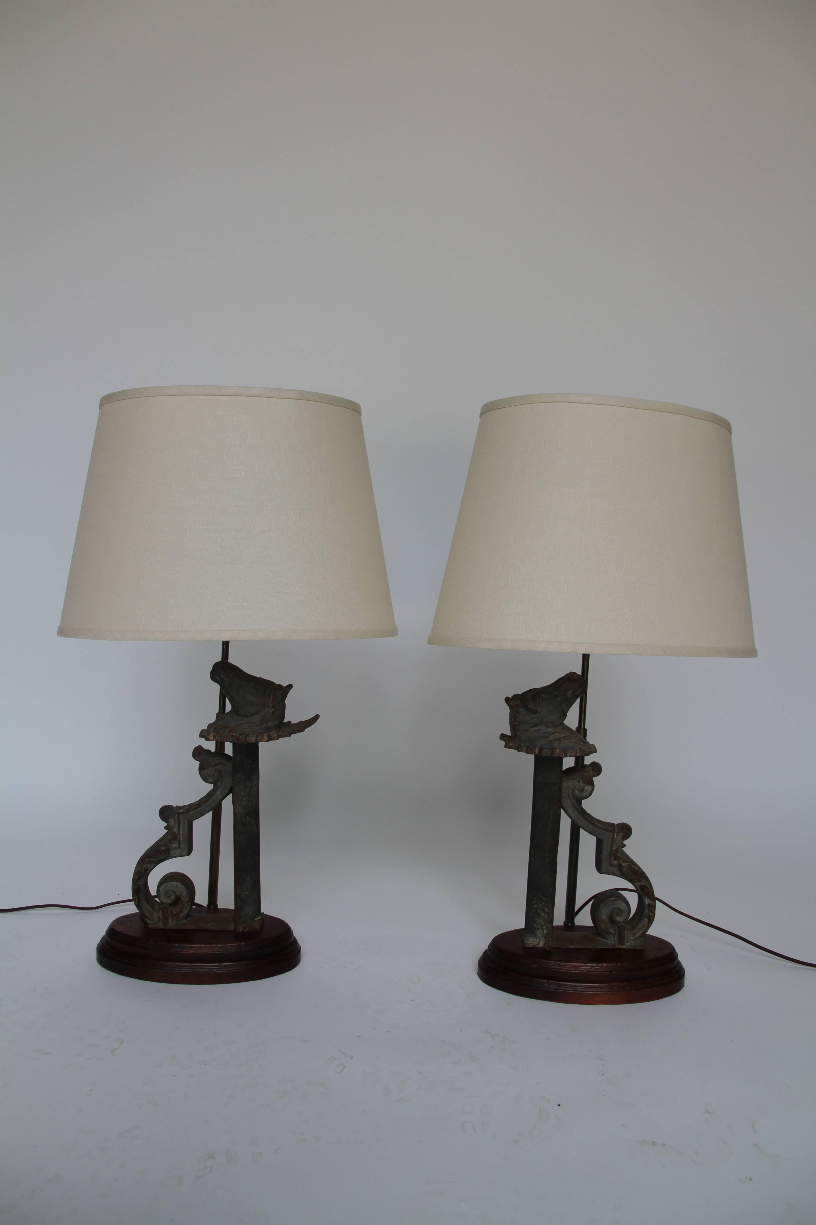 20th Century Pair of Lamps Made from Antique Iron Horse Brackets
