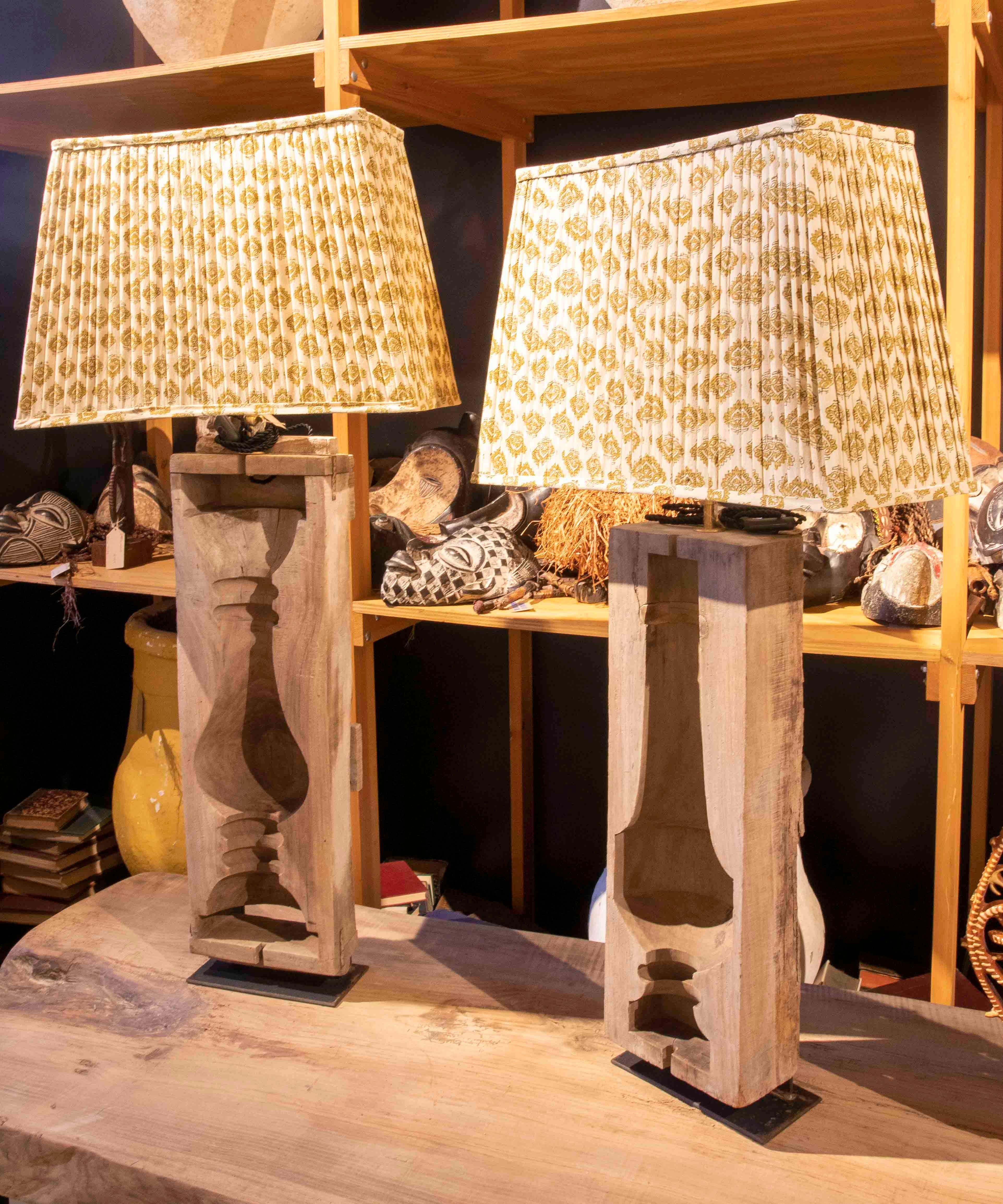 Indian Pair of Lamps Made from Wooden Moulds with Flattened Lampshades For Sale