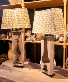 Pair of Lamps Made from Wooden Moulds with Flattened Lampshades