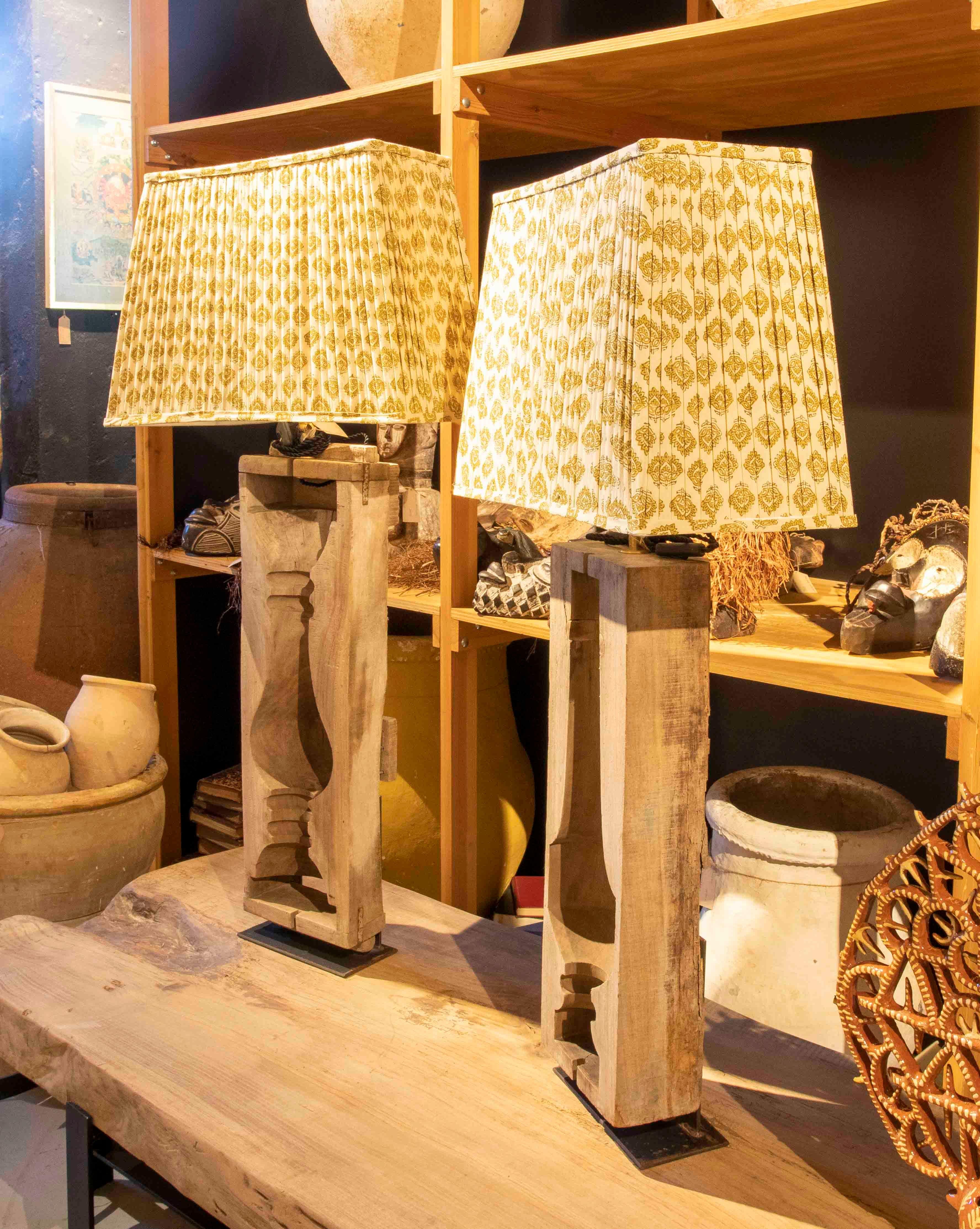 Pair of Lamps Made from Wooden Moulds with Flattened Lampshades In Good Condition For Sale In Marbella, ES