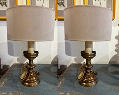 Pair of Lamps Made with Two Bronze Candlesticks + Pair of Lampshades