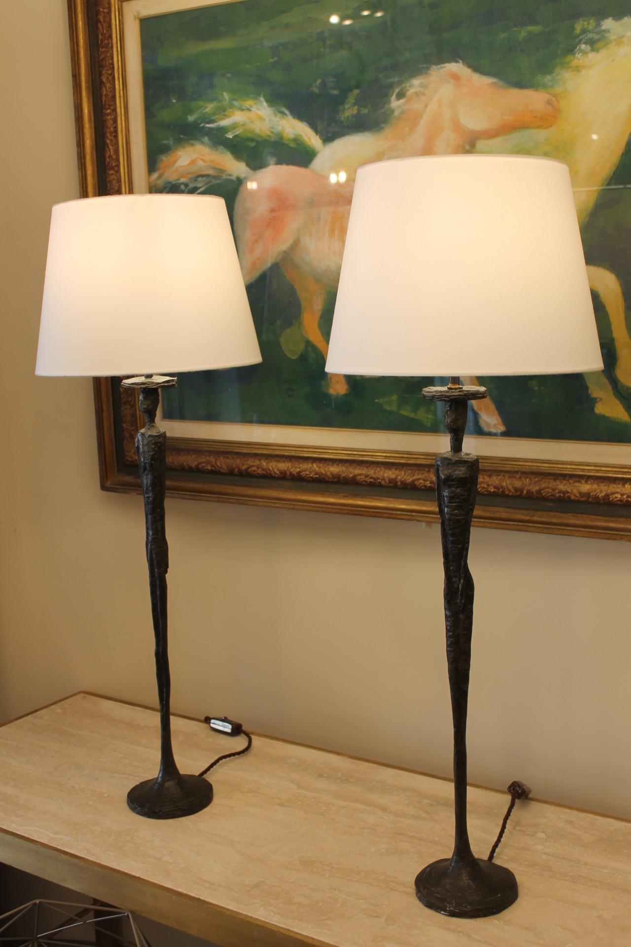 Metal Pair of Lamps, Maison Porta Romana, Giacometti Style, 20th Century