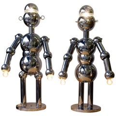 Pair of Lamps, Male and Female Robots, Torino Lamps, Chromed Metal, circa 1980