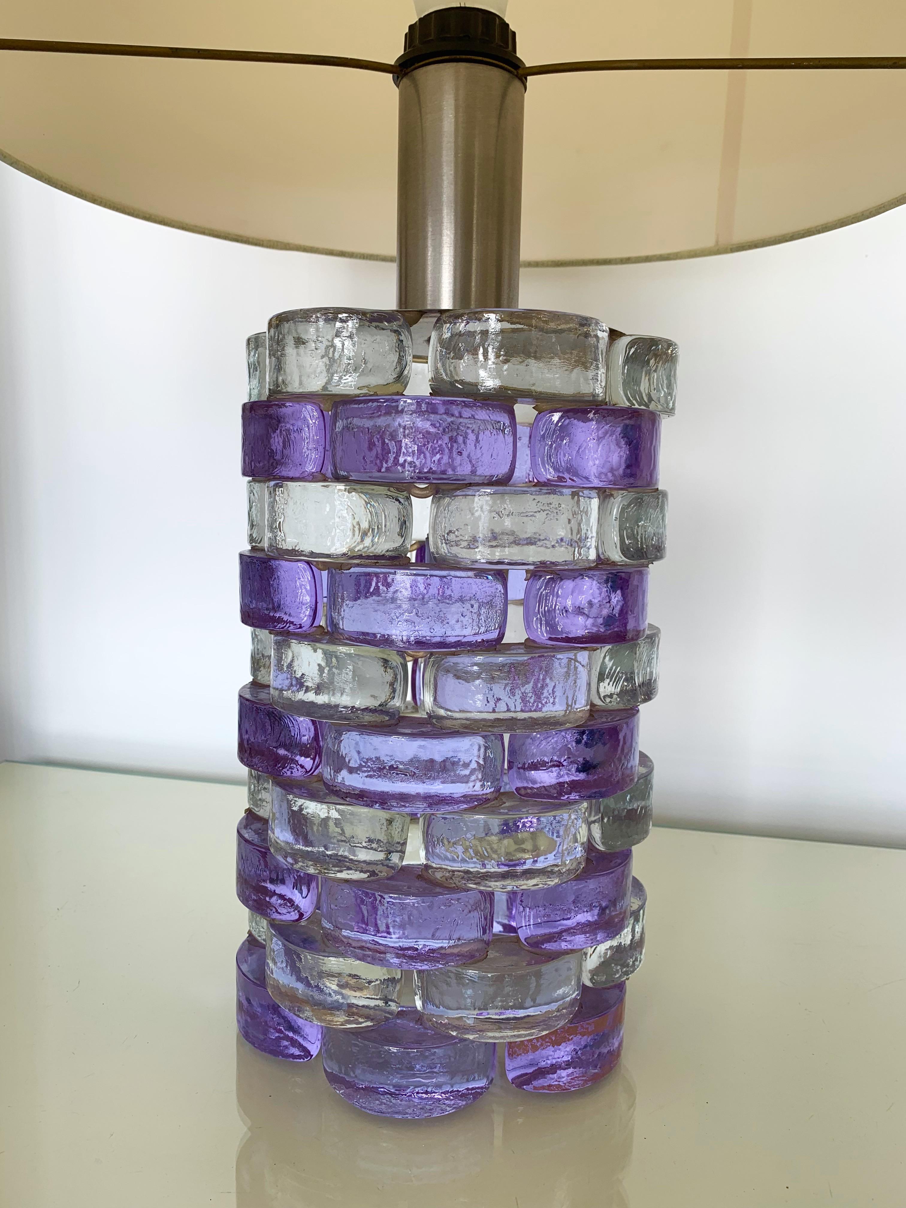 Rare model of purple pink and clear pressed glass lamps, stainless steel, interior lighting of lamp bases by the manufacture Biancardi & Jordan Arte in Verona. Height top of bulb holder 40cms. Famous manufacture like Poliarte, Mazzega Murano,