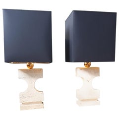 Pair of Lamps Sculpture, in Travertine and Brass, 1970, Italy