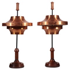 Pair of Lamps Teak Enameled Metal Copper, Italy, 1960s