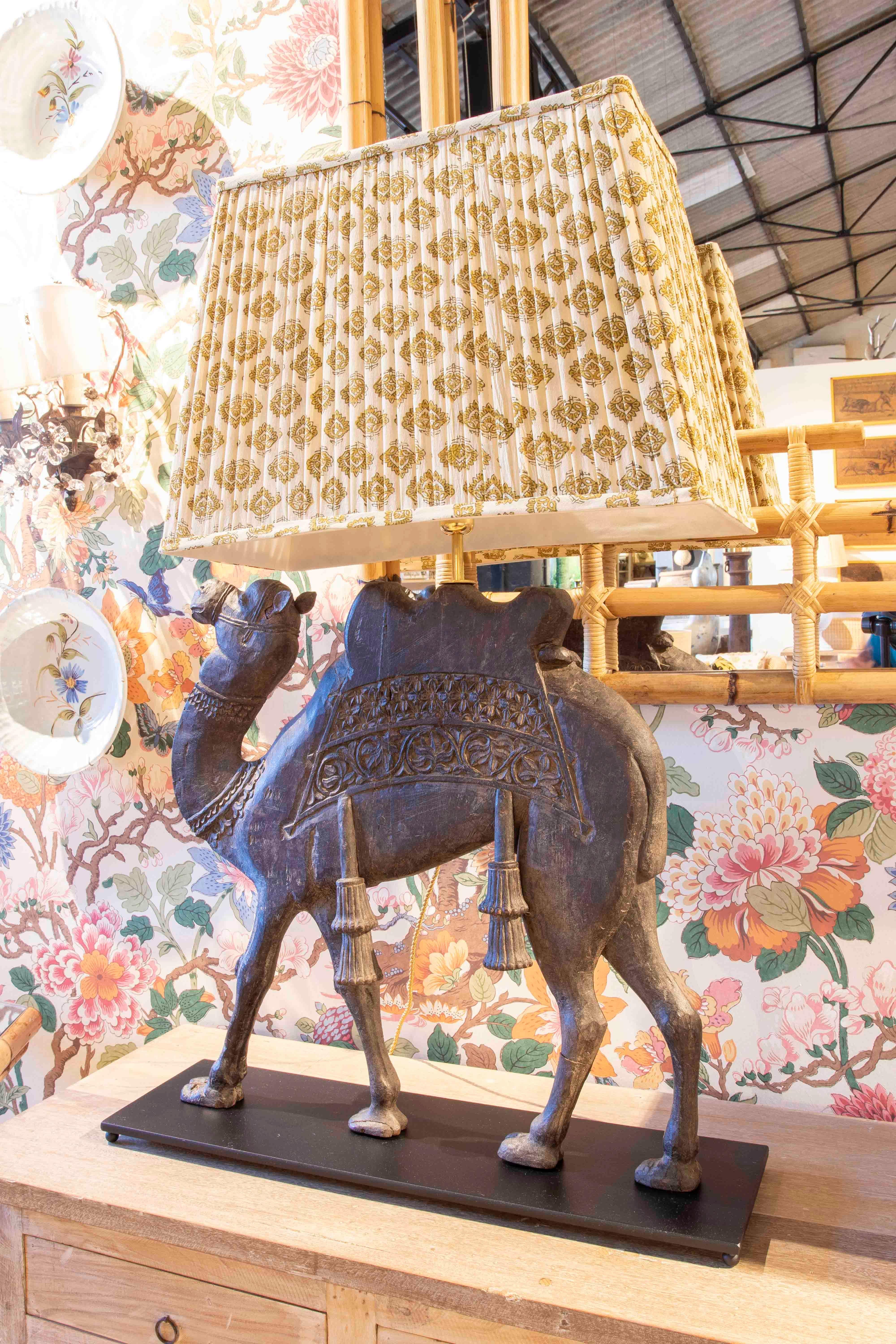 Asian Pair of Lamps with Carved Wooden Camel Foot on Both Sides