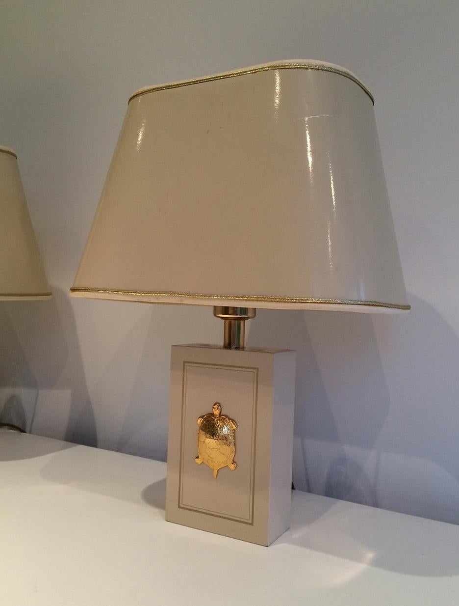 French Pair of Lamps with Gild Turtles Ornaments, circa 1970 For Sale