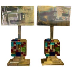 Pair of Lamps with Multicolored Murano Glass Cubes and Brass Lampshades, 1980s