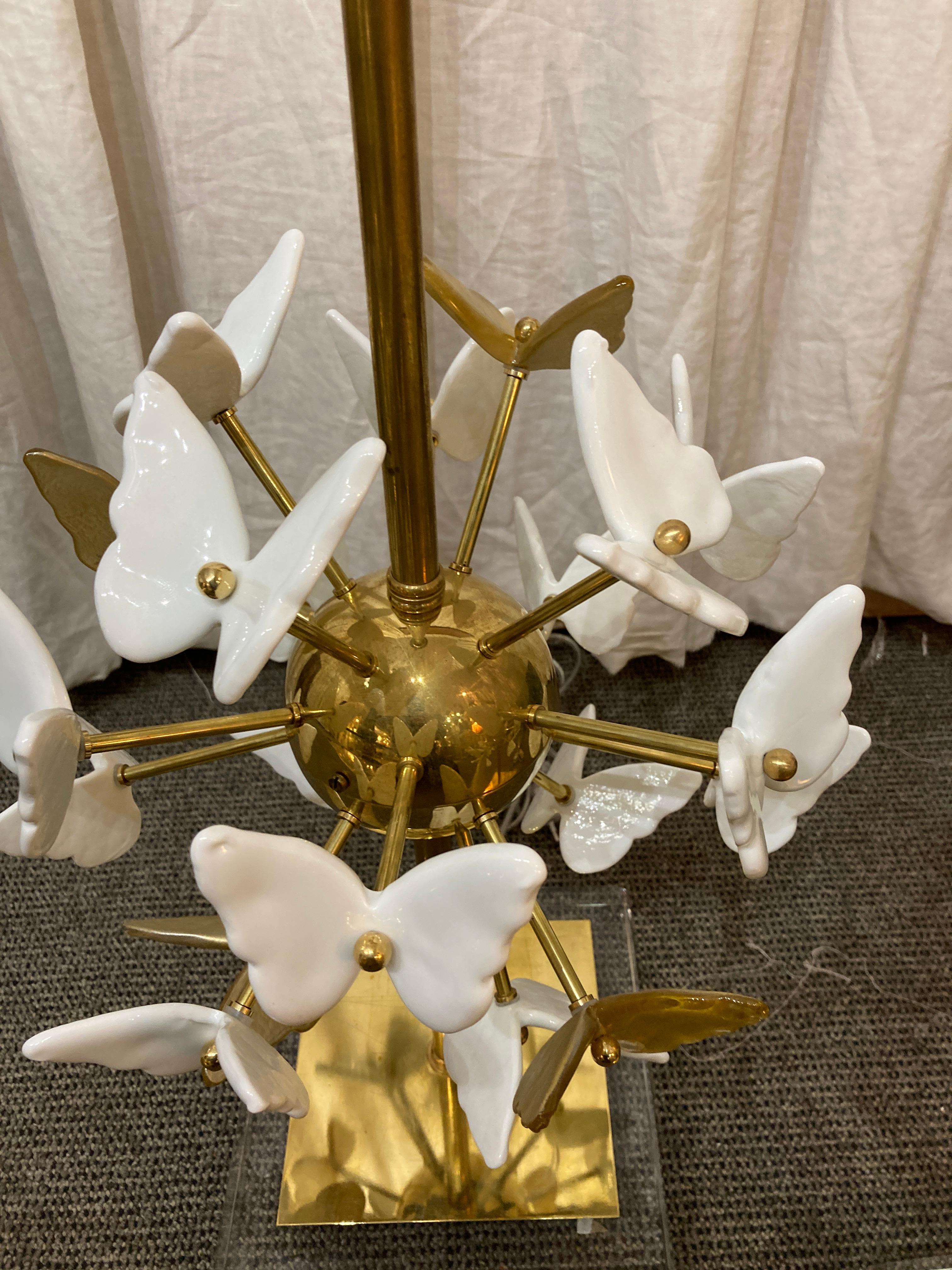 Italian Pair of  lamps with Murano glass butterflies  For Sale