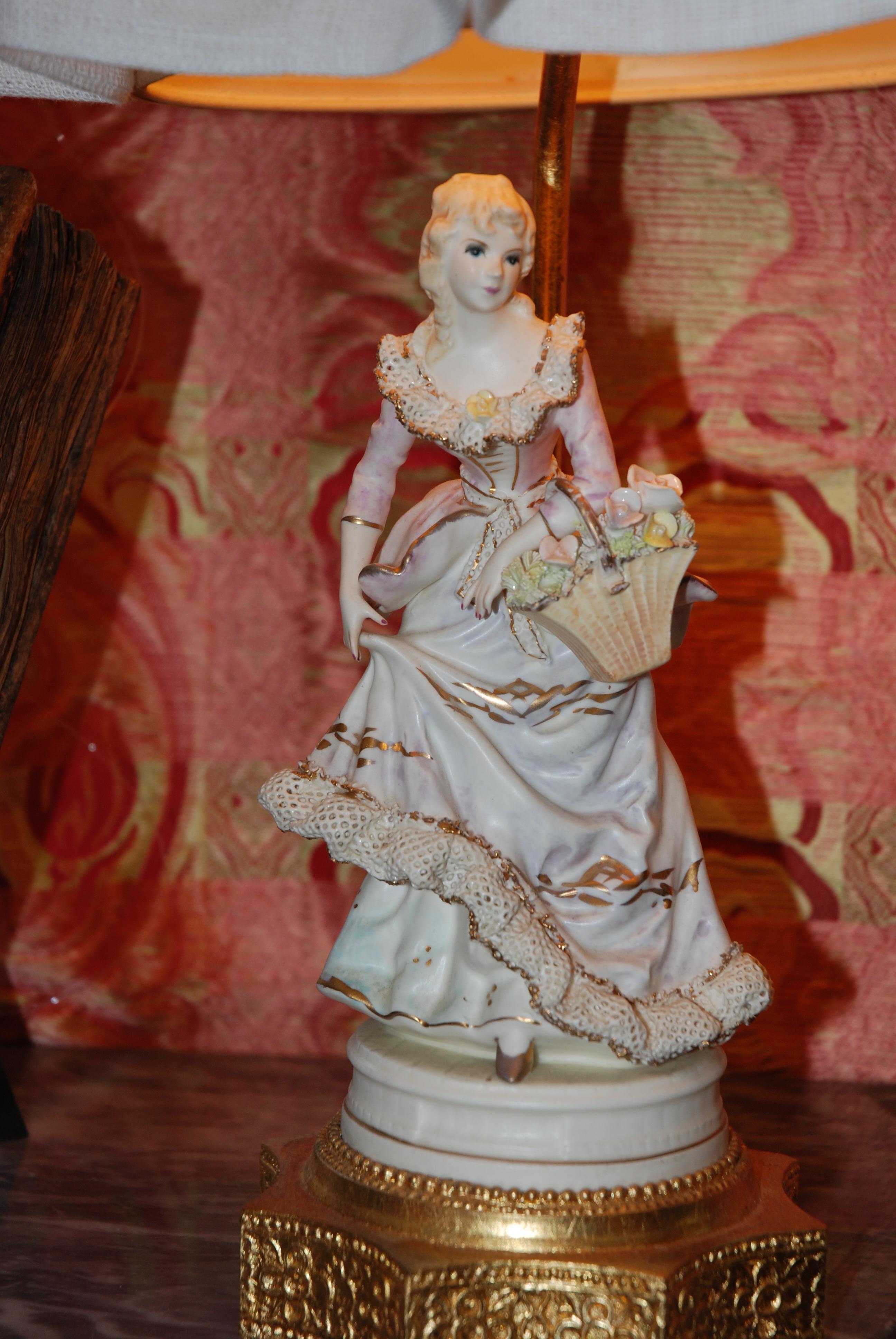 French Pair of Lamps with Porcelain Figurines For Sale