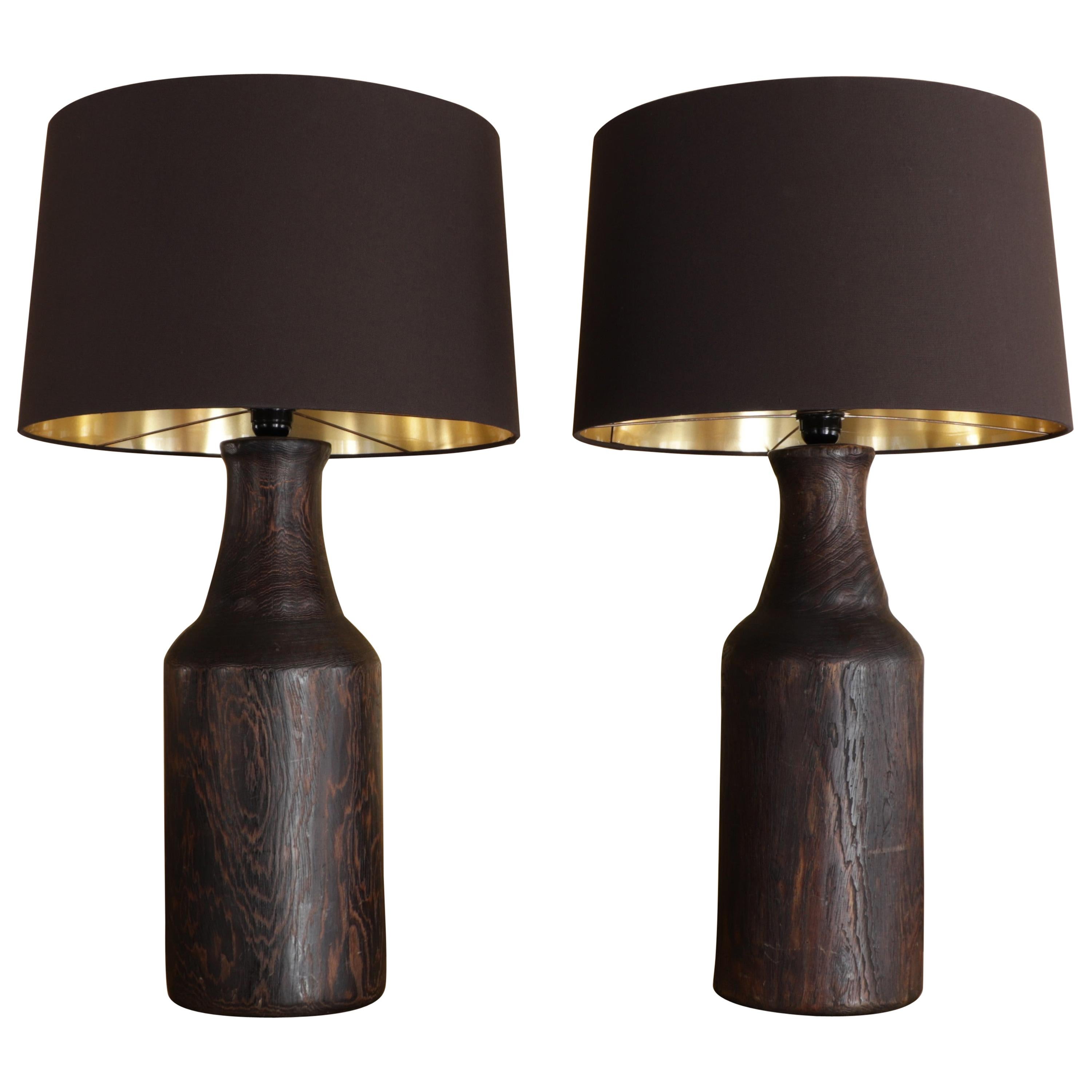 Pair of Lamps with Wood Foot and Brown Lampshade