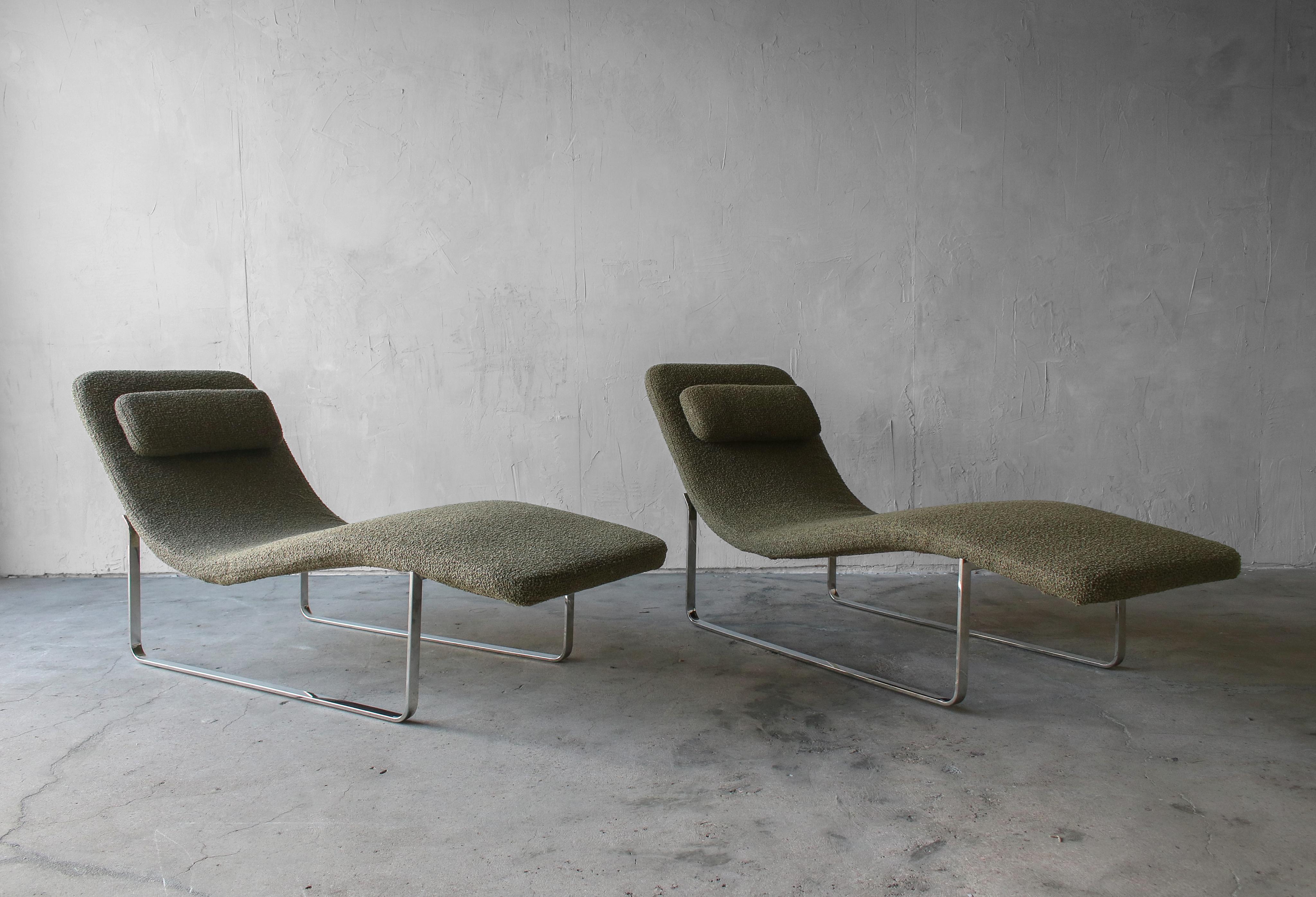 Pair of landscape chaises by Jeffrey Bernett for B & B Italia.

Chaises are newly reupholstered in green and black bouclé style fabric, mirrored chrome is in excellent condition.

Listed as a set but may consider separating.

