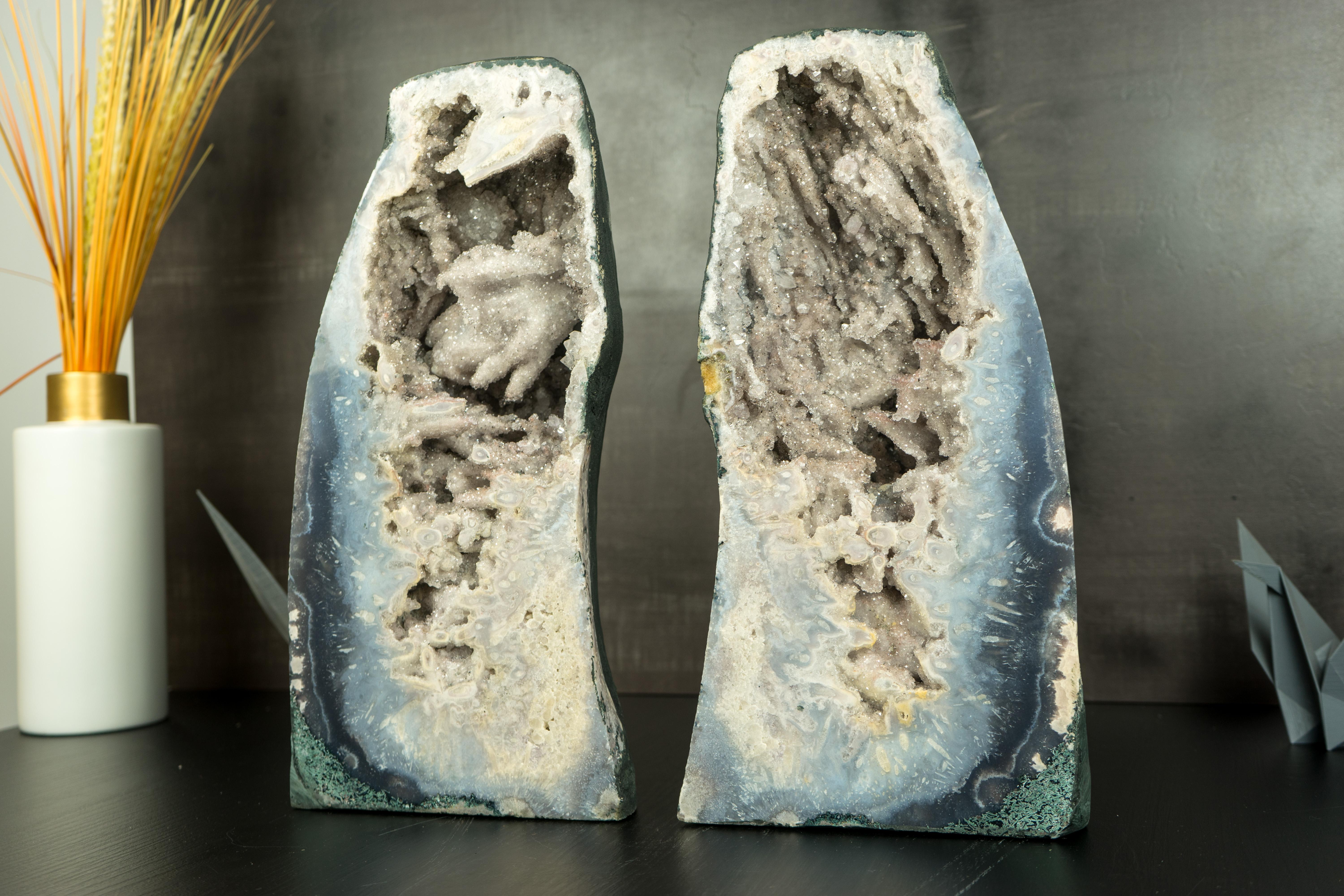 Pair of Landscaped Sea Blue Agate Geodes with Crystal Quartz ps. after Anhydrite For Sale 11