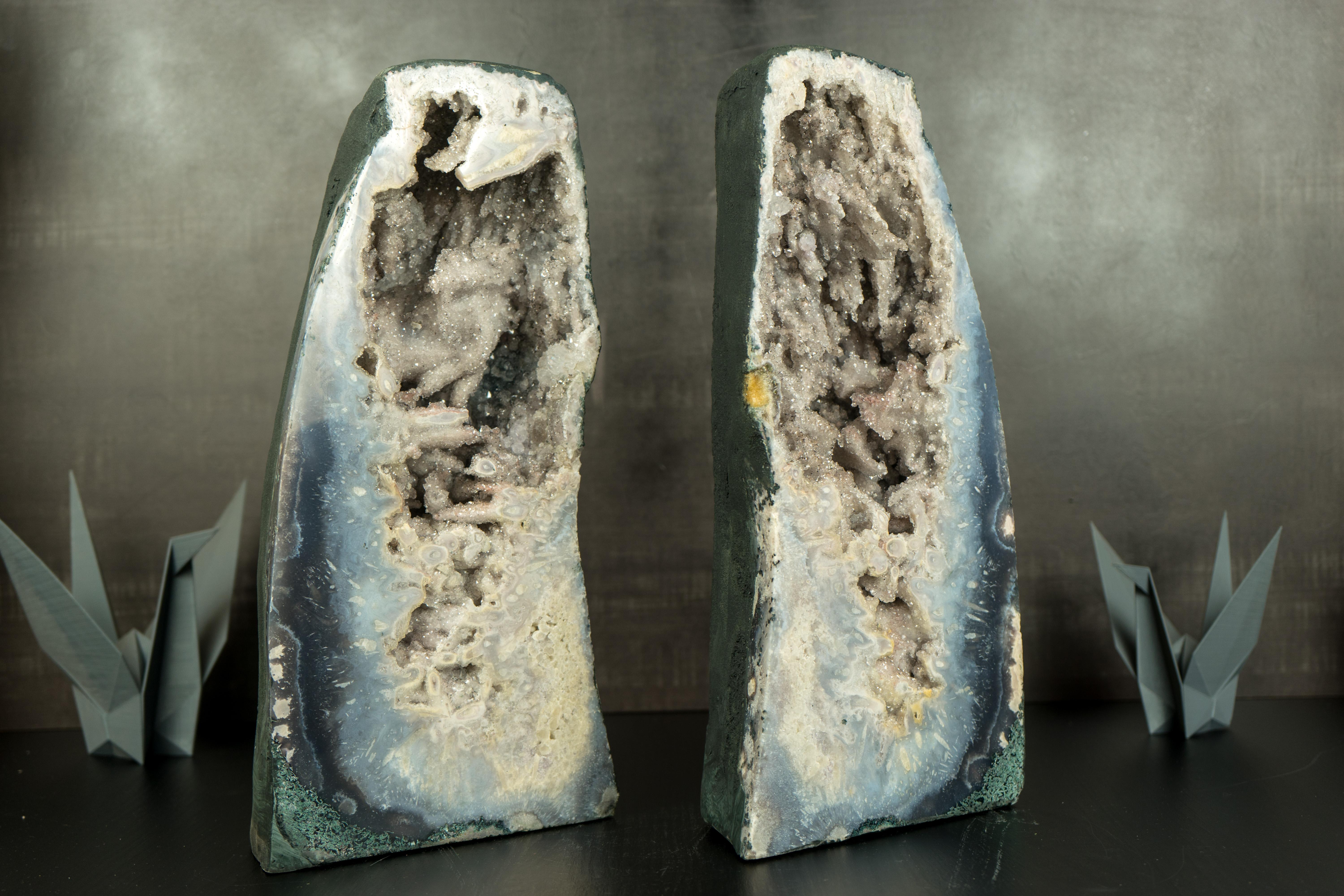 Brazilian Pair of Landscaped Sea Blue Agate Geodes with Crystal Quartz ps. after Anhydrite For Sale