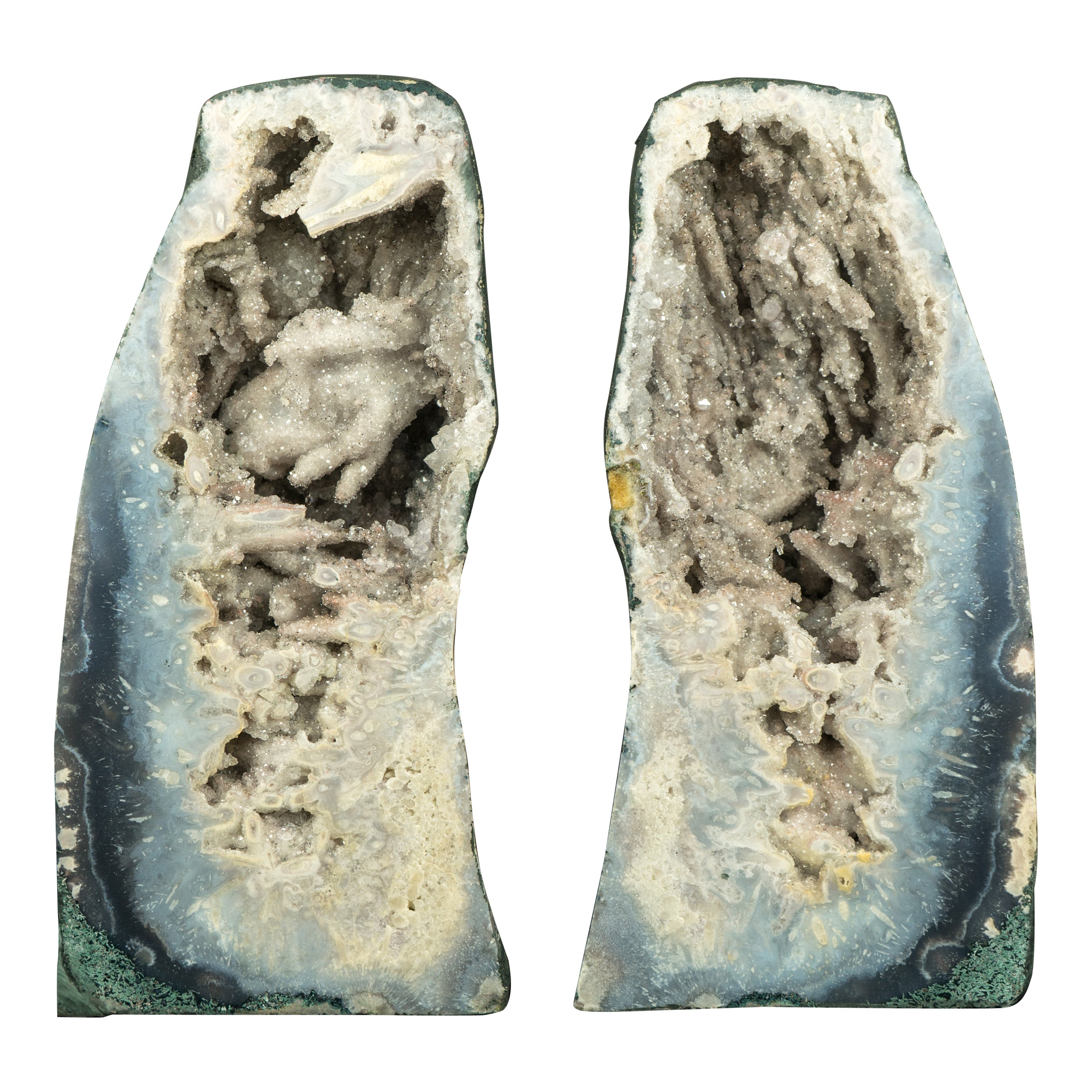 Coppia di geodi di agata blu marino con cristalli di quarzo ps. dopo l'anidrite in vendita