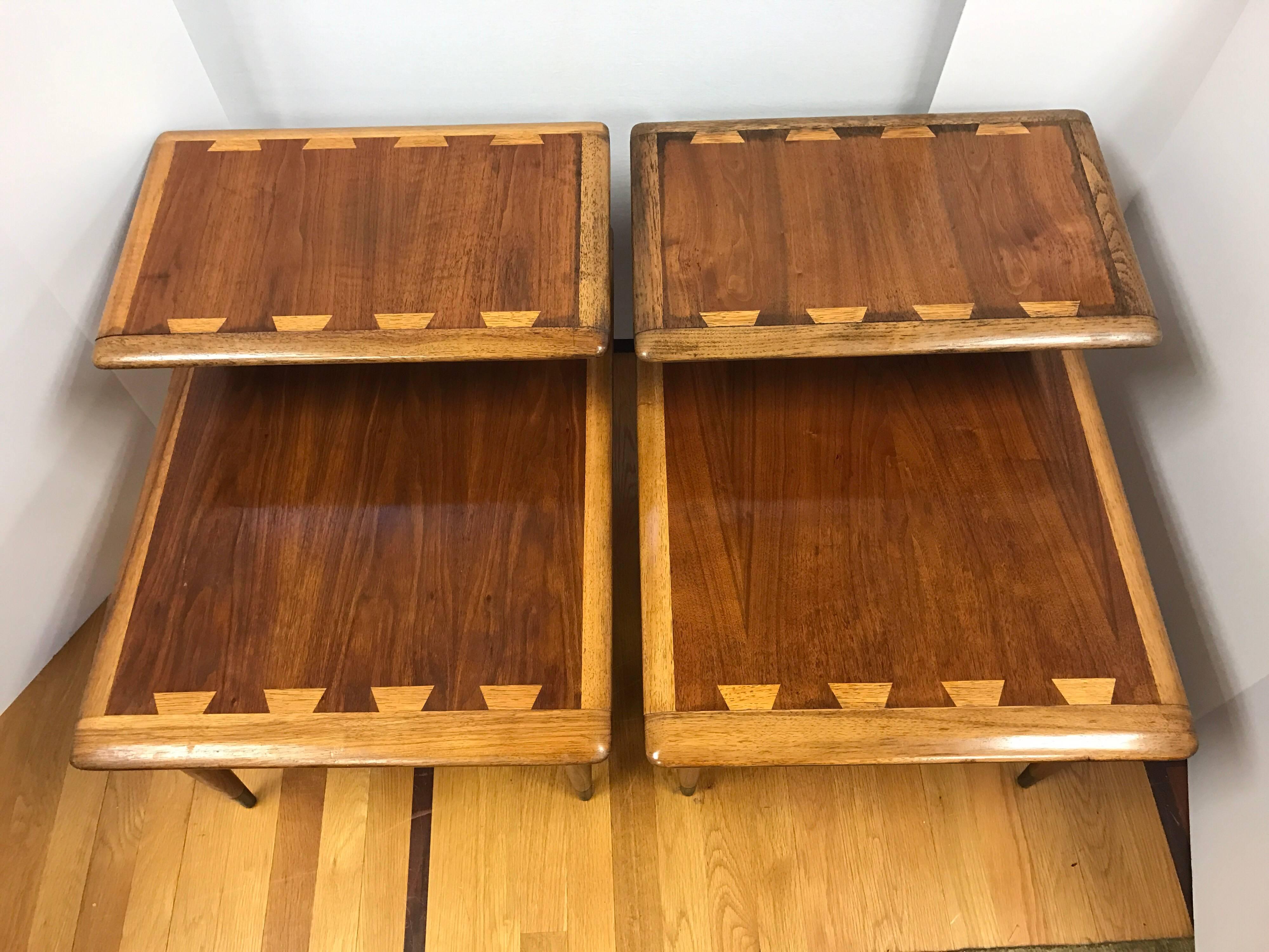Mid-Century Modern Andre Bus Lane Acclaim two-tiered end tables 900-07. Made of walnut and dovetailed with an oak edge.