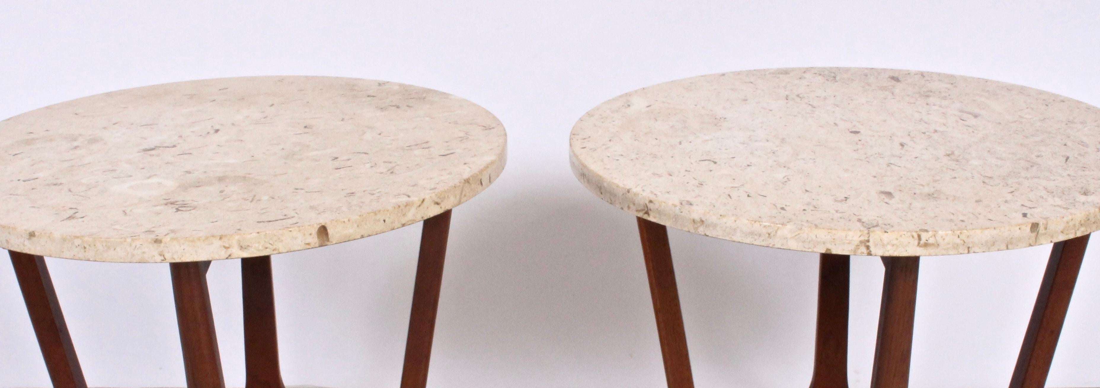Pair of lane furniture walnut and Italian travertine marble side tables - Side by side coffee tables, circa 1960. Round travertine rests on open sturdy dark walnut framework. Tops easily removable for transport. With original metal floor glides.