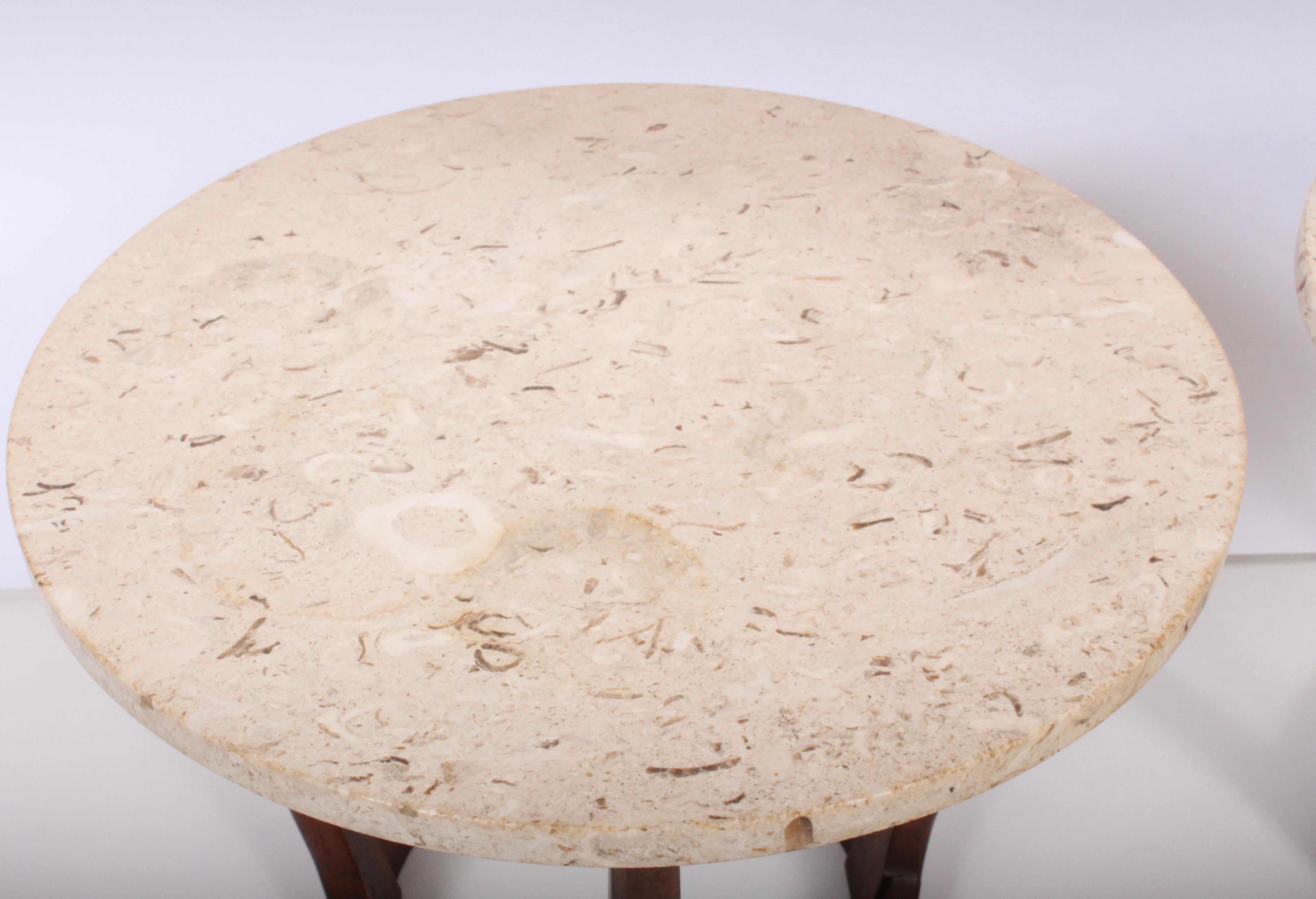 Stained Pair of Lane American Mid-Century Modern Walnut and Round Travertine End Tables
