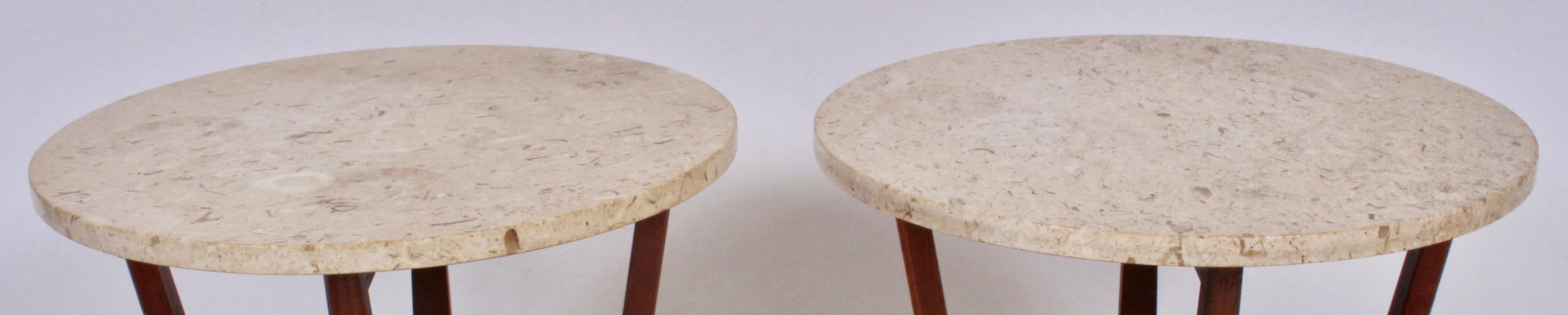 20th Century Pair of Lane American Mid-Century Modern Walnut and Round Travertine End Tables