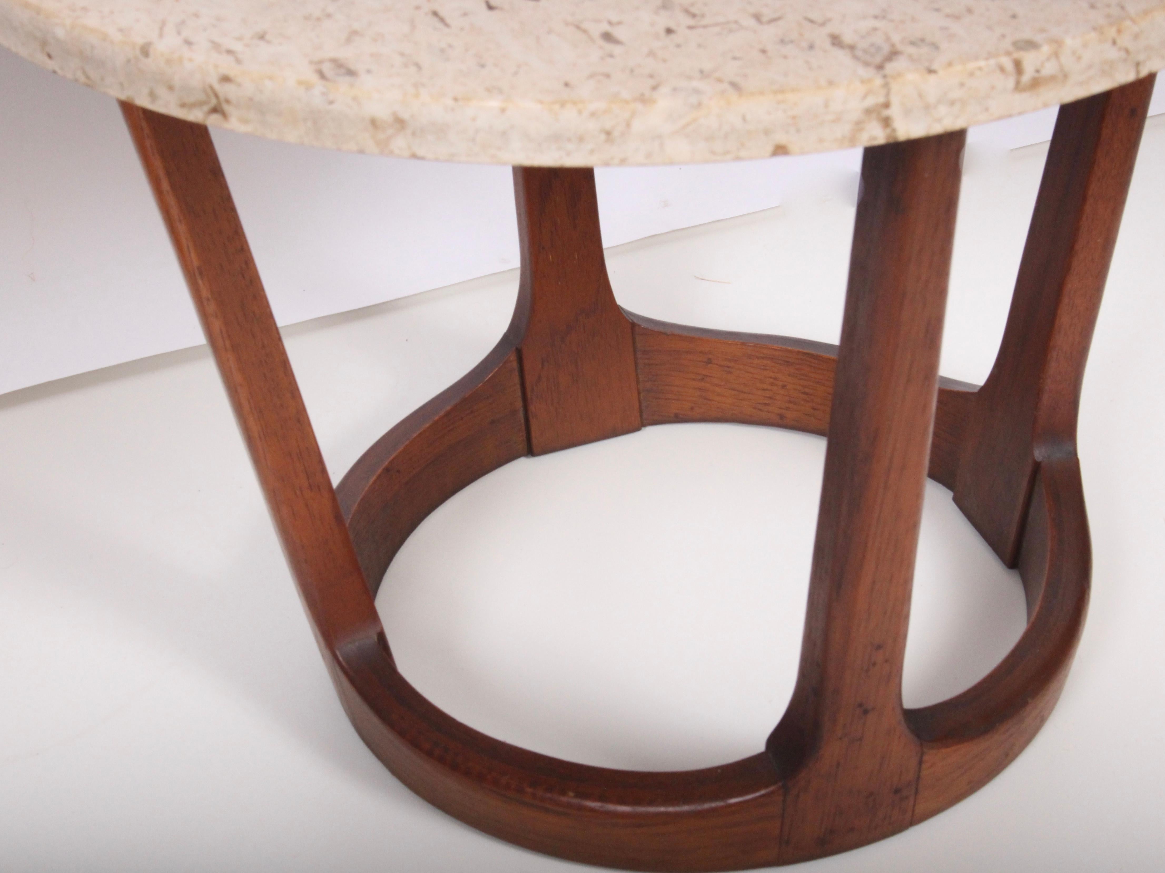 Pair of Lane American Mid-Century Modern Walnut and Round Travertine End Tables 1